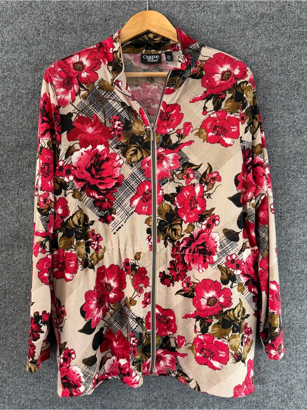 Onque Casual Womens Floral Zip Jacket Size XL Tan Pink Spring